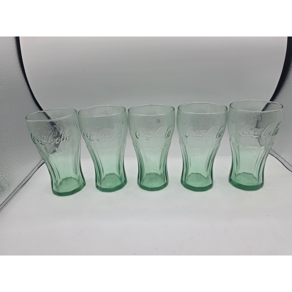 Coca-Cola Georgia Green Glass Tumblers Set of 5 Embossed Logo 6 inch Glasses